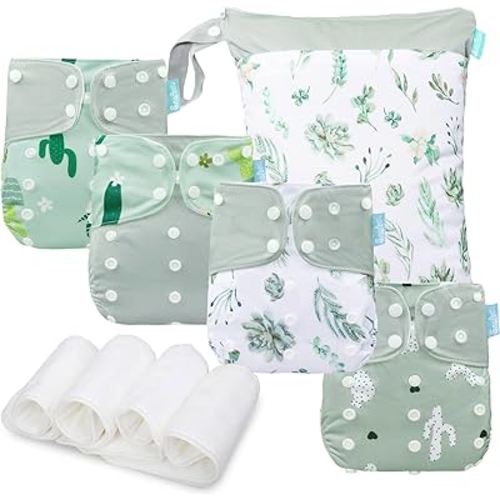 Baby Cloth Diapers Set-4 Pack Diapers with 4 Inserts & 1 Wet Dry Separation Bag, Reusable Infant Toddler Nappy, Adjustable Pocket Diapers for Baby Boys and Girls(6-33 pounds,0-3 Years)