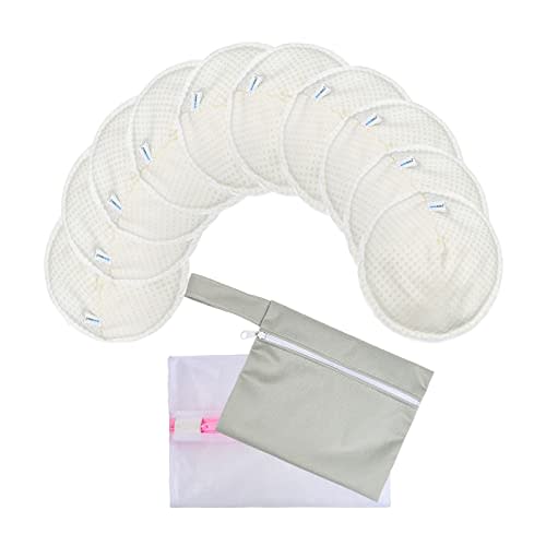 AnAnBaby Organic Bamboo Nursing Breast Pads - 10-Pack Reusable Non-Slip Nipple Pads for Breastfeeding New Moms Postpartum Essentials (4.7inch) with Washing Bags and Handbags（Large，White）