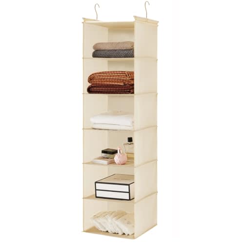 MAX Houser 6 Tier Shelf Hanging Closet Organizer, Cloth Hanging Shelf with 2 Sturdy Hooks for Storage, Foldable (Beige)