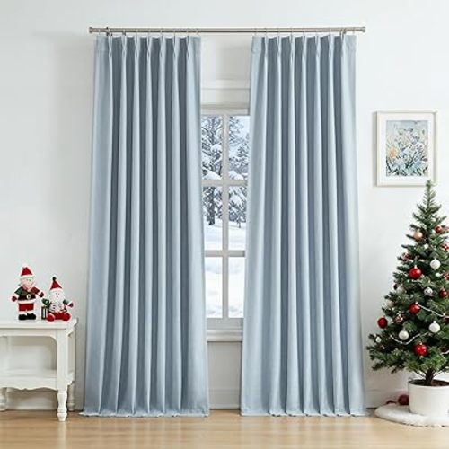 WEST LAKE 90 Inches Length Dusty Blue Pinch Pleated 100 Blackout Curtain Panels with Liners,Linen Textured Drapes for Bedroom Living Room,Energy Efficient Backtab Hooks Window Treatment,40" Wx90 Lx2