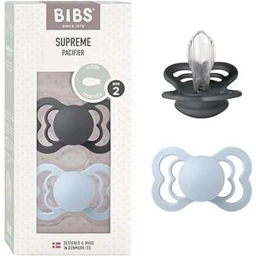 BIBS Pacifiers - Supreme Collection | BPA-Free Baby Pacifier | Made in Denmark | Set of 2 Iron/Baby Blue Color Premium Soothers | Size 6-18 Months