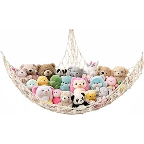Stuffed Animal Storage Hammock Large Toy Storage Net Stuff Animal Hanging Organizer Holder for Plush Plushie Included Anchors & Hooks Teddy Bear Storage Boho Room Decor