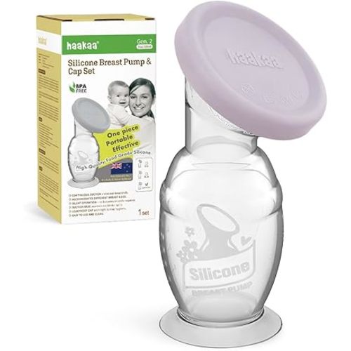 haakaa Manual Breast Pump & Silicone Cap Combo for Nursing Mom (Lavender, 5oz. with Base)