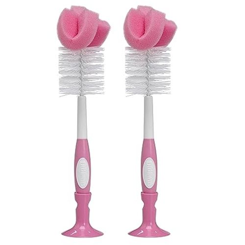 Dr. Brown's Reusable Sponge Baby Bottle Cleaning Brush with Suction Cup Stand, Scrubber and Nipple Cleaner, Pink 2-Pack