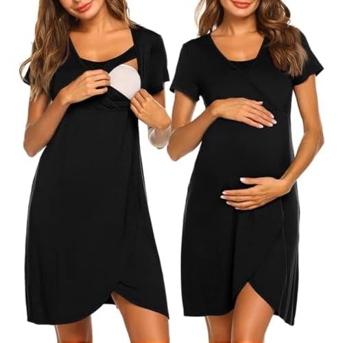 Ekouaer Nursing Nightgown 3 In 1 Maternity Nightgown Short Sleeve Nursing Gown Breasfeeding Sleepwear Delivery Dress