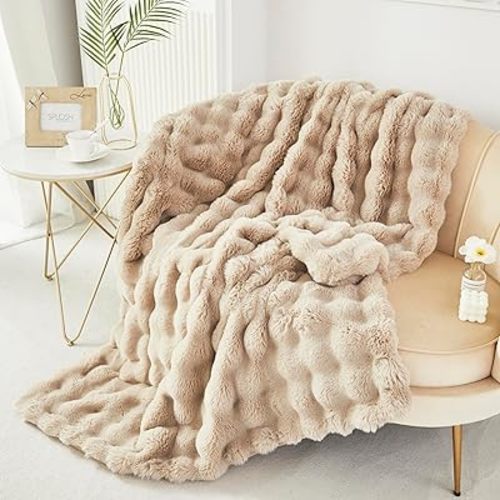 RYNGHIPY Faux Rabbit Fur Bed Throws, Fluffy Warm Throw Blanket for Sofa Couch, Soft Plush Decorative Blanket Thick and Heavy, Cute Bubble Furry Blanket (Camel, 51''x63'')