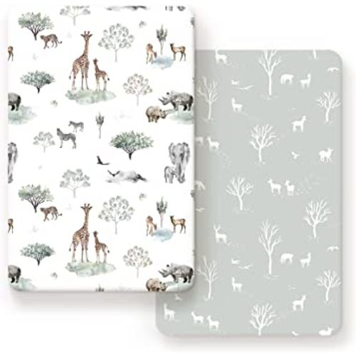 Stretch Ultra Soft Jersey Knit Fitted Pack n Play Sheets Set 2 Pack, Portable/Mini Crib Sheets for Boys and Girls, Pretty African Savannah Animals Pattern