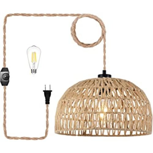 Plug In Pendant Light Hanging Lights With Plug In Cord Dimmable Rattan Hanging Lamp Wicker Woven Basket Lampshade,Farmhouse Industrial Boho Plug In Ceiling Light Fixture For Living Room Kitchen Island