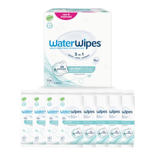 WaterWipes Sensitive+ On The Go Wipes, 3-In-1 Cleans, Cares, Protects, 99.9% Water, Unscented & Hypoallergenic Wet Wipes, 224 Count (8 Packs)