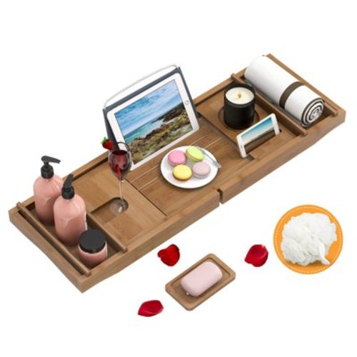 Bambloom Bamboo Bathtub Tray,Luxury Expandable Bath Tray for Tub with Bath Ball and Soap Dish,Brown