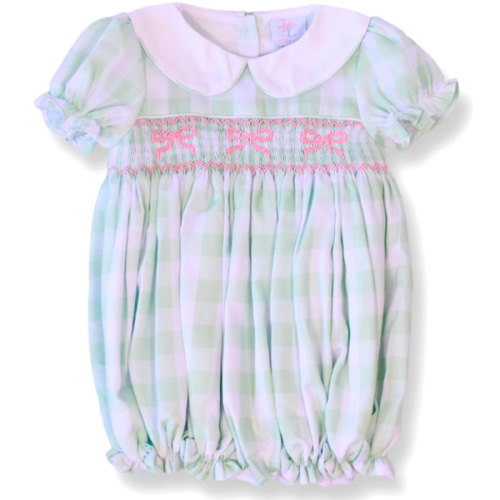 Green Gingham & Pink Bow Smocked Bubble