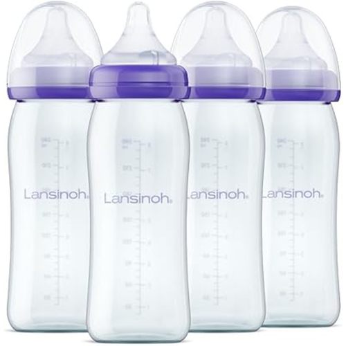 Lansinoh Glass Baby Bottles for Breastfeeding Babies, 8 Ounces, 4 Count, Includes 4 Medium Flow Nipples (Size 3M)