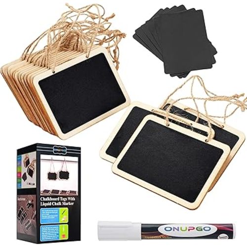 ONUPGO 16 Pack Chalkboard Tags for Baskets with String, Mini Erasable Chalkboards with Hanging String, Wooden Mini Chalkboard Signs, Hanging Chalkboard Labels, Price Tags, Message Tags