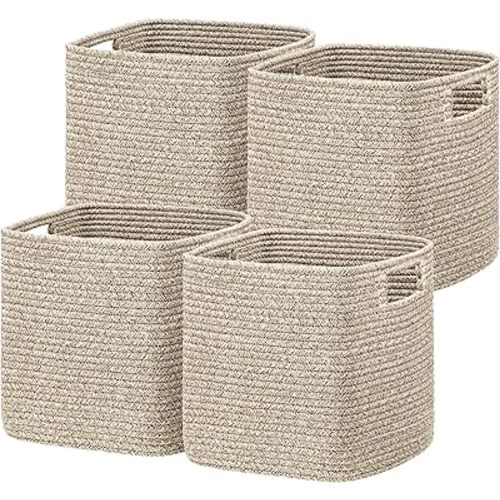 UBBCARE Storage Cubes 11 Inch, Cotton Rope Woven Baskets for Organizing, Cube Storage Bin for Baby Nursery, 4-Pack Square Toy Storage Baskets for Shleves Organizer, Closet, Kidsroom, All Browm