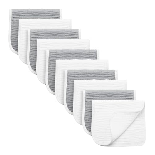 Synrroe Burp Cloths Large, Muslin Burp Cloths for Baby Girls and Boys, Pack of 10 Extra Absorbent and Soft Muslin, 6 Layers 20 by 10 Inches 100% Cotton (Grey-White 10 Pack)