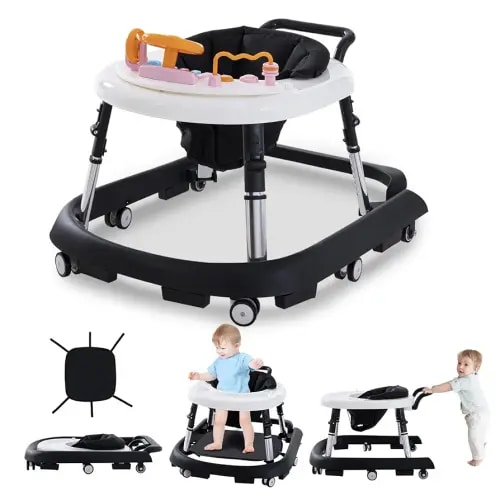 Baby Walker Foldable with Music and Lights,Portable Baby Walker with Wheels,9 Adjustable Heights,Removable Tray&Footrest, Speed Adjustable,Infant Toddler Walker for Baby Boy Girls 6-18 Months (Black)