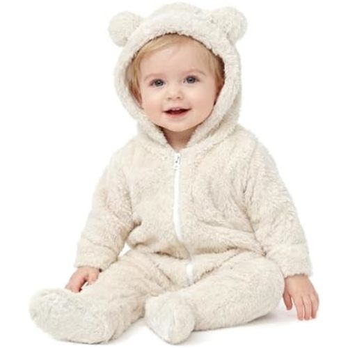 Baby Plush Long Sleeve Polar Fleece Jumpsuit With Bear Ears Baby Fleece Hooded Jumpsuit Infant Winter Outfit