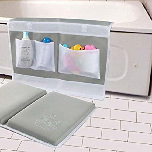 Bath Kneeler with Elbow Rest Pad - Bath Kneeling Pad with Toy Organizer - Large Safty Kneeler Mat for Tub Bathing and Bathroom Time - Detachable and Foldable Child Bath Tub Mat for Parents - Gray - Kneeler Pad+Elbow Pad