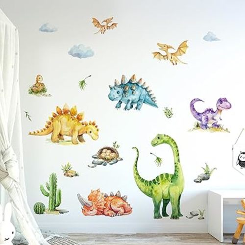 Tanlaby Dinosaur Wall Stickers Watercolor Dino Tropical Plants Wall Decals Peel and Stick Decor for Baby Nursery Boys Kids Toddler Bedroom Playroom Classroom