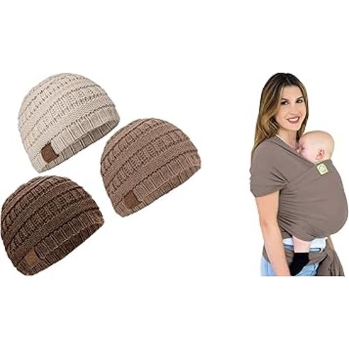 KeaBabies 3-Pack Baby Beanies Hats and Baby Wrap Carrier - Soft, Comfortable Headwear for Newborn Boys and Girls, Lightweight Hands Free Carrier