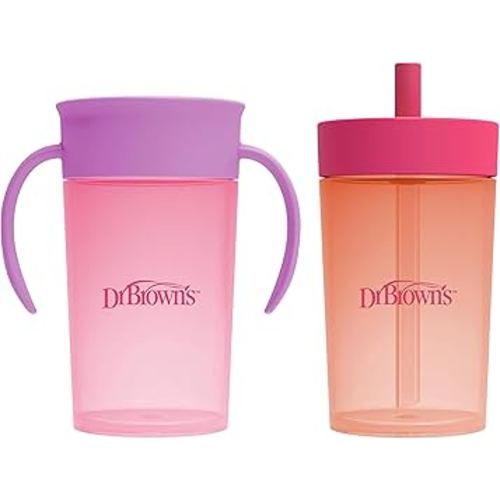 Dr. Brown's Milestones Straw to 360 Convertible Toddler Training Cup Set with Interchangeable Silicone Straw and 360 Degree Cup Lids, Pink Coral, 10 oz/300 mL, BPA-Free, 9m+, 2-Pack