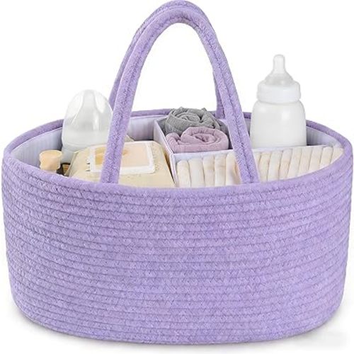 DUHEL Diaper Caddy Organizer with Handle,Baby Basket use for Diaper Organizer and Storage,3 Compartments-Cotton rope Material Storage for Home or Travel,Boys and Baby Girl Newborn Essentials. (Purple)