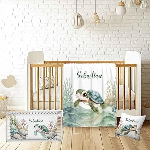 Custom Name Baby Boy Crib Bedding Set – Personalized 3-Piece Sea Turtle Nursery Set with Soft Blanket, Fitted Crib Sheet & Pillowcase – Infant Toddler Bedding Gift for Newborn