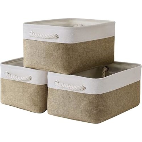 TheWarmHome Storage Basket for Organizing - 14x10x7 inch Medium 3 Pack Collapsible Storage Bin for Shelves with Handles, Canves Storage Box for Organizer Cubes Cloth Gift Toy Closet (White & Khaki)