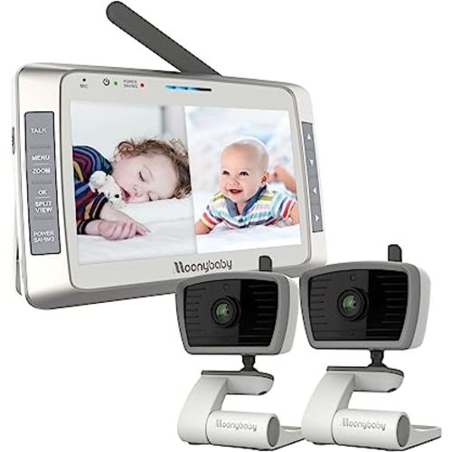 Low EMF 5" HD Auto Noise Reduce Baby Monitor with 2 Cameras.No WiFi Long Range, Split Screen, 2-Way Talk, Lullaby, Auto Night Vision Moonybaby Trust50