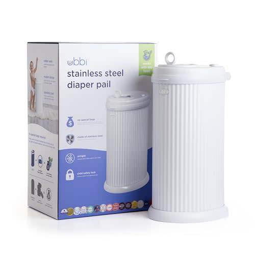 Ubbi Fluted Stainless Steel Diaper Pail, Odor Locking, No Special Bag Required, Award-Winning, Registry Must-Have, White