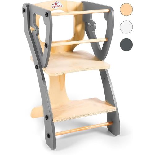 Toddler Standing Tower - Adjustable Height Kitchen Tower for Children - Toddler Kitchen Step Stool Helper - Wood Step Stool - Nursery Stepstool for Young Kids - 2025 Design - Gray