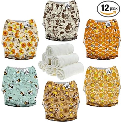 Mama Koala 3.0 Pocket Cloth Diapers for Babies with AWJ Lining, 6 Pack with 6 4-Layer Natural Cloth Diaper Inserts - Reusable and Washable Pocket Diapers(Hardworking Bees)