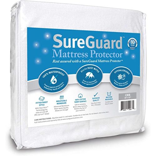 SureGuard Crib Size Mattress Protector - 100% Waterproof, Hypoallergenic - Premium Fitted Cotton Terry Cover White