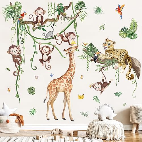 wondever Jungle Animal Tree Branch Wall Decals Kids Safari Monkey Leopard Giraffe Peel and Stick Toddler Wall Stickers for Baby Nursery Bedroom Kids Room Decor