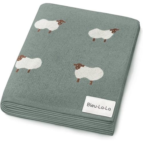 Knit Baby Swaddle Blanket - 100% Cotton Soft Cozy Receiving Swaddle Stroller Blanket for Shower Gift Registry for Newborns, Infants, Toddlers (Sheep - Pasture Green)