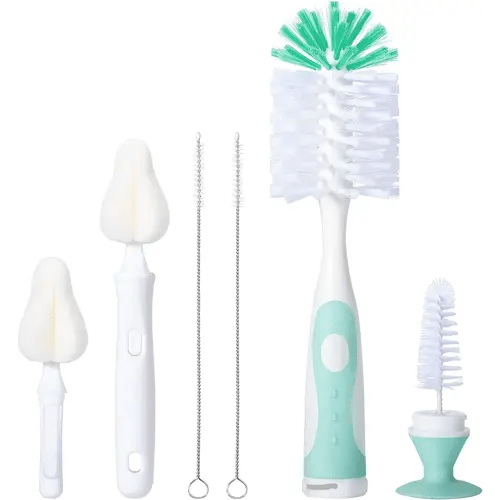 Baby Bottle Brush Set with Nipple Cleaner and Suction, 10.2" Cleaning Brush and 6.5" Sponge Bottle Brush with A Replacement Brush Head and Two 6.7" Straw Brushes, Pack of 5 (Green)