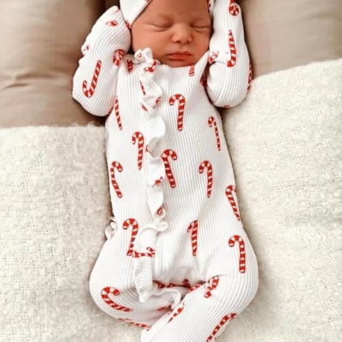 Organic Waffle Ruffle Zip Footie, Candy Cane