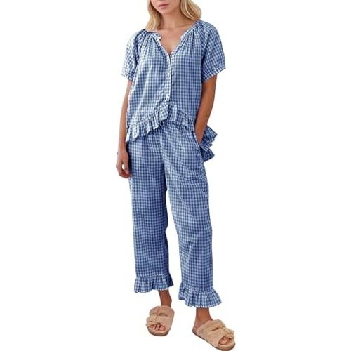 Womens Gingham Pajama Set 2 Piece Plaid Cotton Pjs Cute Ruffle Sleepwear Maternity Bridesmaid Pajamas Loungewear