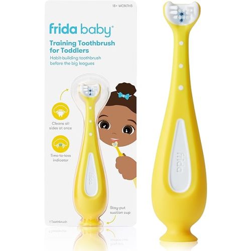 Frida Baby Training Toothbrush | Toddler Toothbrush for 18-24 Months, Easy-Grip Handle, Triple Angle Bristles, Soft Toothbrush Bristles, Stay-Put Suction Cup | Yellow