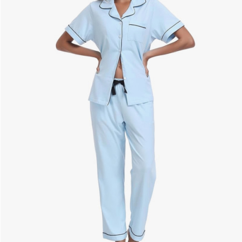 COLORFULLEAF Women's 100% Cotton Pajama Set Button Down Sleepwear Short Sleeve Shirt and Long Pants Soft ladies Lounge Sets