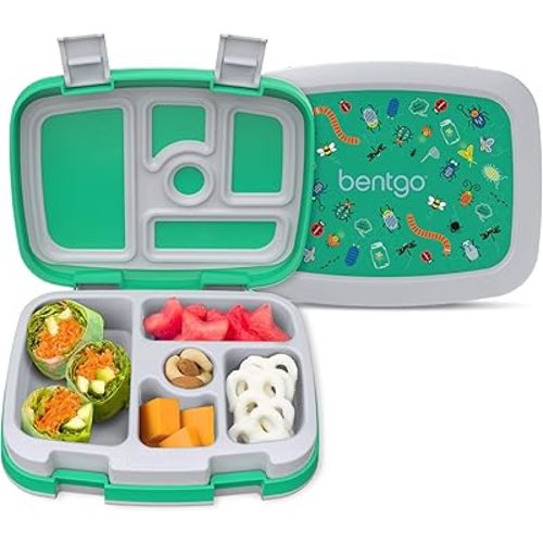 Bentgo Kids Prints Leak-Proof, 5-Compartment Bento-Style Kids Lunch Box - Ideal Portion Sizes for Ages 3-7, Durable, Drop-Proof, Dishwasher Safe, & Made with BPA-Free Materials (Bug Buddies)
