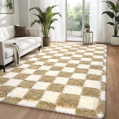 Nuttumico 6x9 Feet Beige and White Area Rugs, Modern Checkerboard Rug for Living Room Bedroom, Large Thickened Memory-Foam Area Rug for Kids Nursery Dorm, Home Decor, Anti-Slip and Easy to Clean