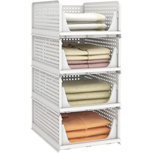 Pinkpum Stackable Plastic Storage Basket, Foldable Closet Organizers and Storage Bins 4 Pack Drawer Shelf Storage Container for Wardrobe Kitchen Bathroom Office Dorm White
