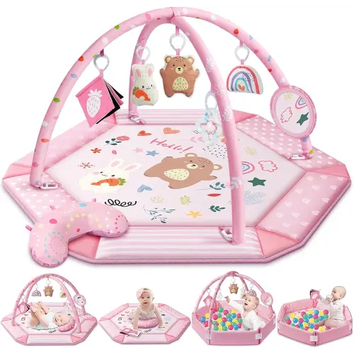 Baby Gym Play Mat, 8-in-1 Tummy Time Mat & Ball Pit with 6 Toys, Washable Baby Activity Mat for Visual, Hearing, Sensory, Motor Development, Baby Gift for Newborn Infant 0-3-6-9-12 Months (Pink)