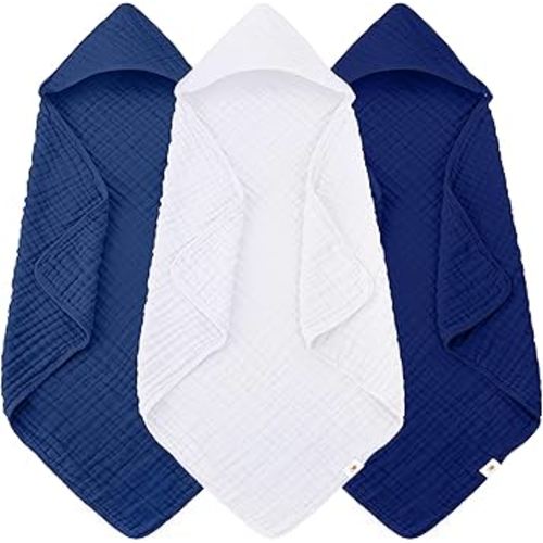 Sunny zzzZZ Muslin Hooded Baby Bath Towels - 3 Pack 100% Cotton Soft Low-Saturation Pastel Towels Including Classic White for Newborns, Infants, Toddlers - 32x32 Inch - Deep Navy and White