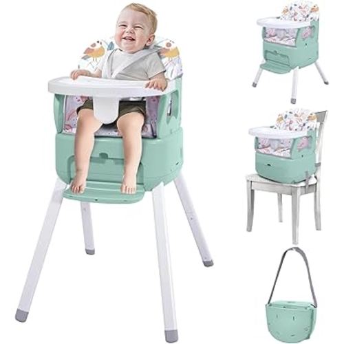 4 in 1 Portable Baby High Chair,Convertible Highchair for Babies and Toddlers-Foldable Infant Booster Seat,Carry Small Box,Dining Chair,Toddler High Chair with 5-Point Harness,Removable Tray-Green