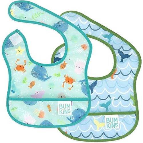 Bumkins Bibs, for Baby Girl or Boy, Infant 3-9 Months, Essential Must Have for Eating, Feeding, Baby Led Weaning Supplies, Mess Saving Waterproof Soft Fabric, Starter Bib 2-pk Blue Ocean Life