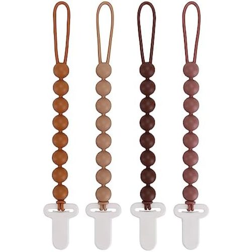 4-Pack Silicone Pacifier Clips with One-Piece Beads for Baby Boys and Girls - Flexible and Rust-Free Holders for Teething Relief and Baby Essentials, Safe for Newborns (Brown)