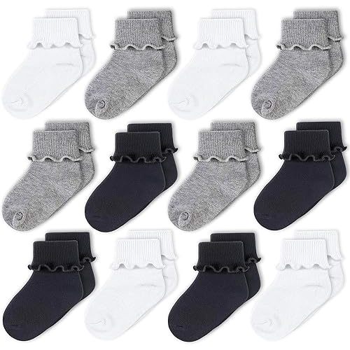 CozyWay Baby Ruffle Socks Baby Girl Turn Cuff Ankle Comfy Cotton Socks Infant - Multi Color - 12 Pack