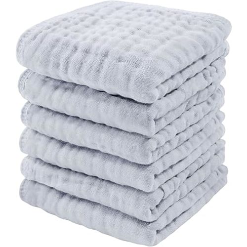 Comfy Cubs Muslin Baby Washcloths 6 Pack - Soft 6-Layer Cotton Wash Cloths for Sensitive Skin - 10"x10" Large, Gentle, Absorbent Infant Essentials for Newborn and Toddlers - (Slate)